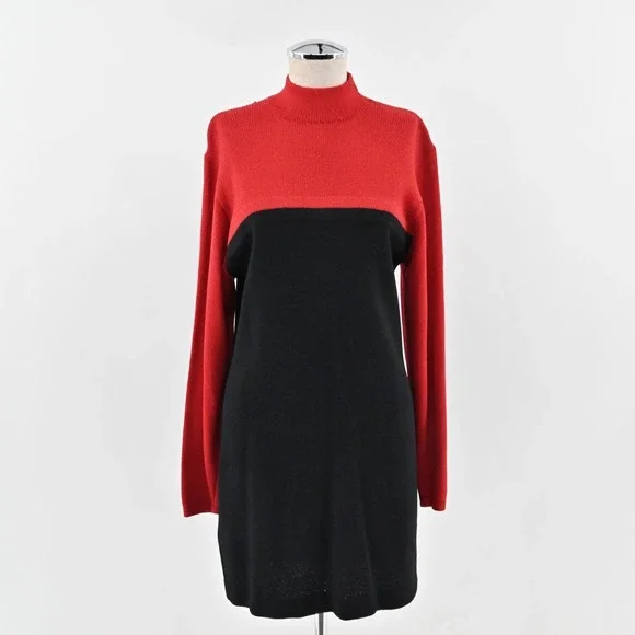 Vtg 80s ST JOHN Dress Size 8 Santana Knit Colorblock Red Black Mock Neck Shift - Picture 1 of 15
